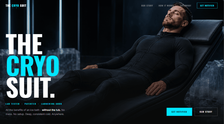 The Cryo Suit website shown on desktop