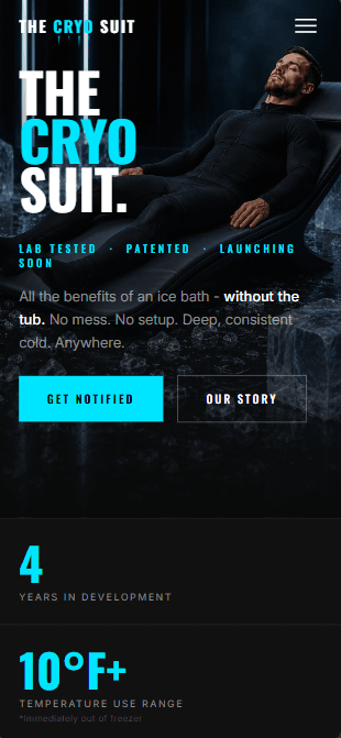 The Cryo Suit website shown on mobile